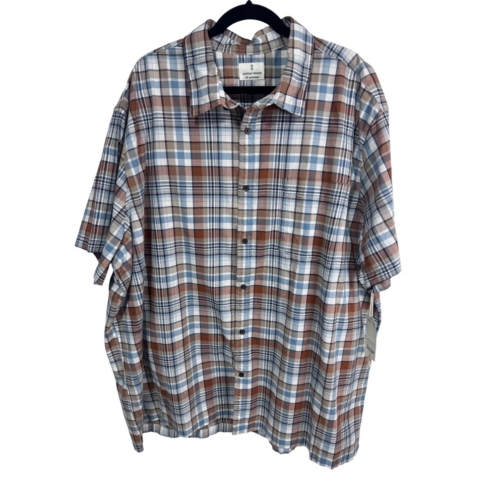 Mutual‎ Weave Button Up Men's Short Sleeve Cotton Plaid Blue Brown 3XL